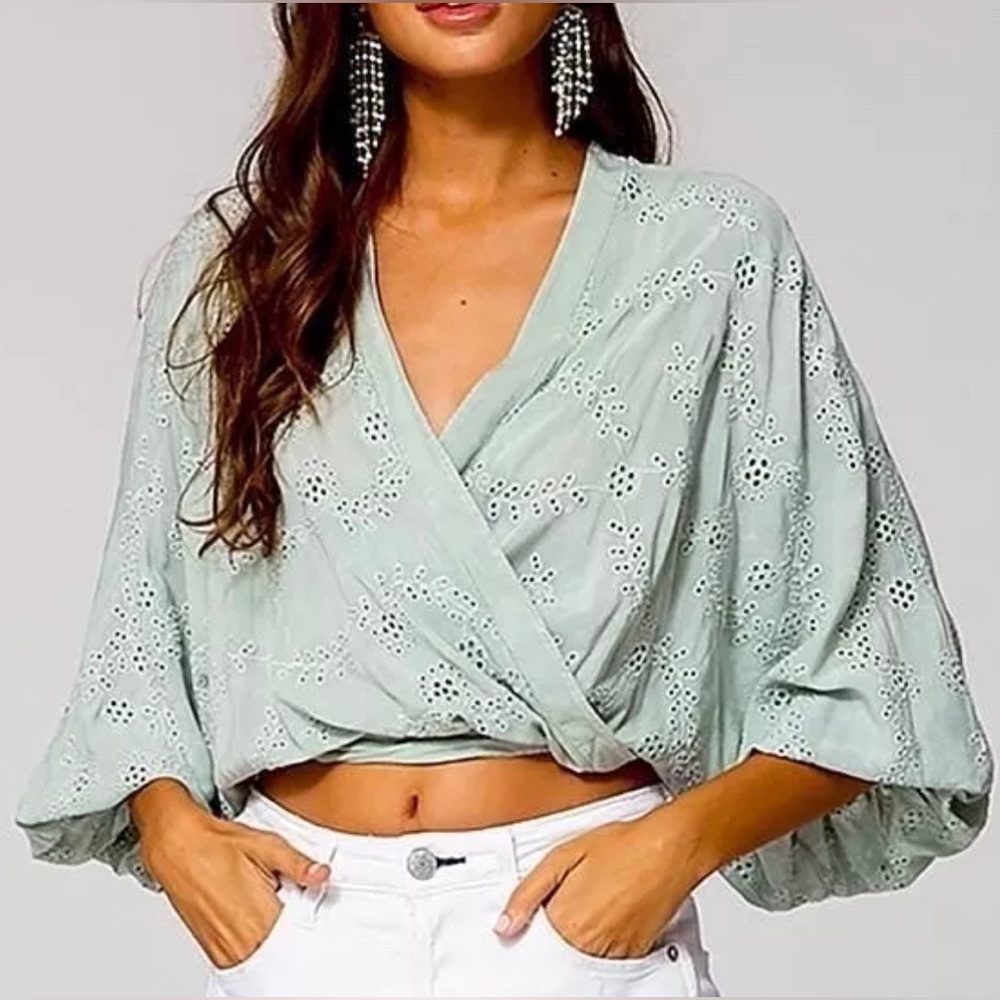 Young Fabulous & Broke Eyelet Lace Crop Top Mint Green YFB Puff Sleeve Wrap S